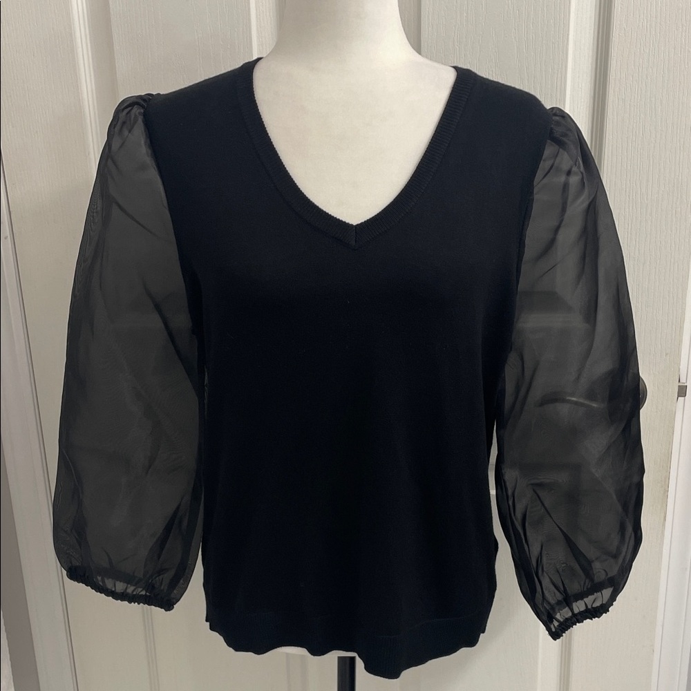 Adrianna Papell  Black V Neck Sweater Knit Top with 3/4 Sheer Sleeves Sz M